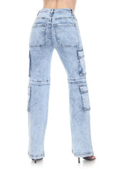 High-Rise Acid-Wash Utility Cargo Jeans