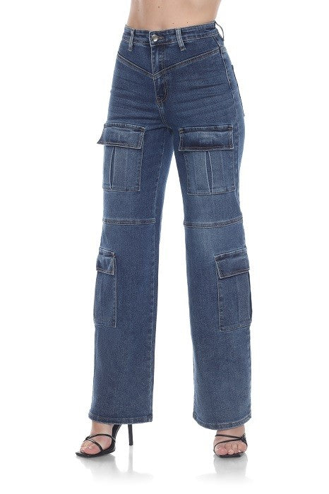 High-Rise Medium-Wash Utility Cargo Jeans