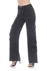 High-waisted, wide-leg denim cargo jeans