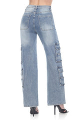 High Waisted blue denim wide-leg cargo jeans,