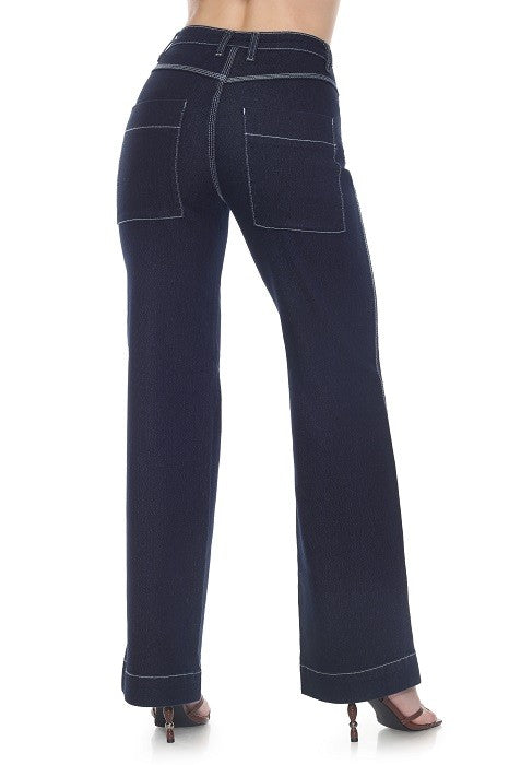 High-waisted, wide-leg or straight-leg jeans