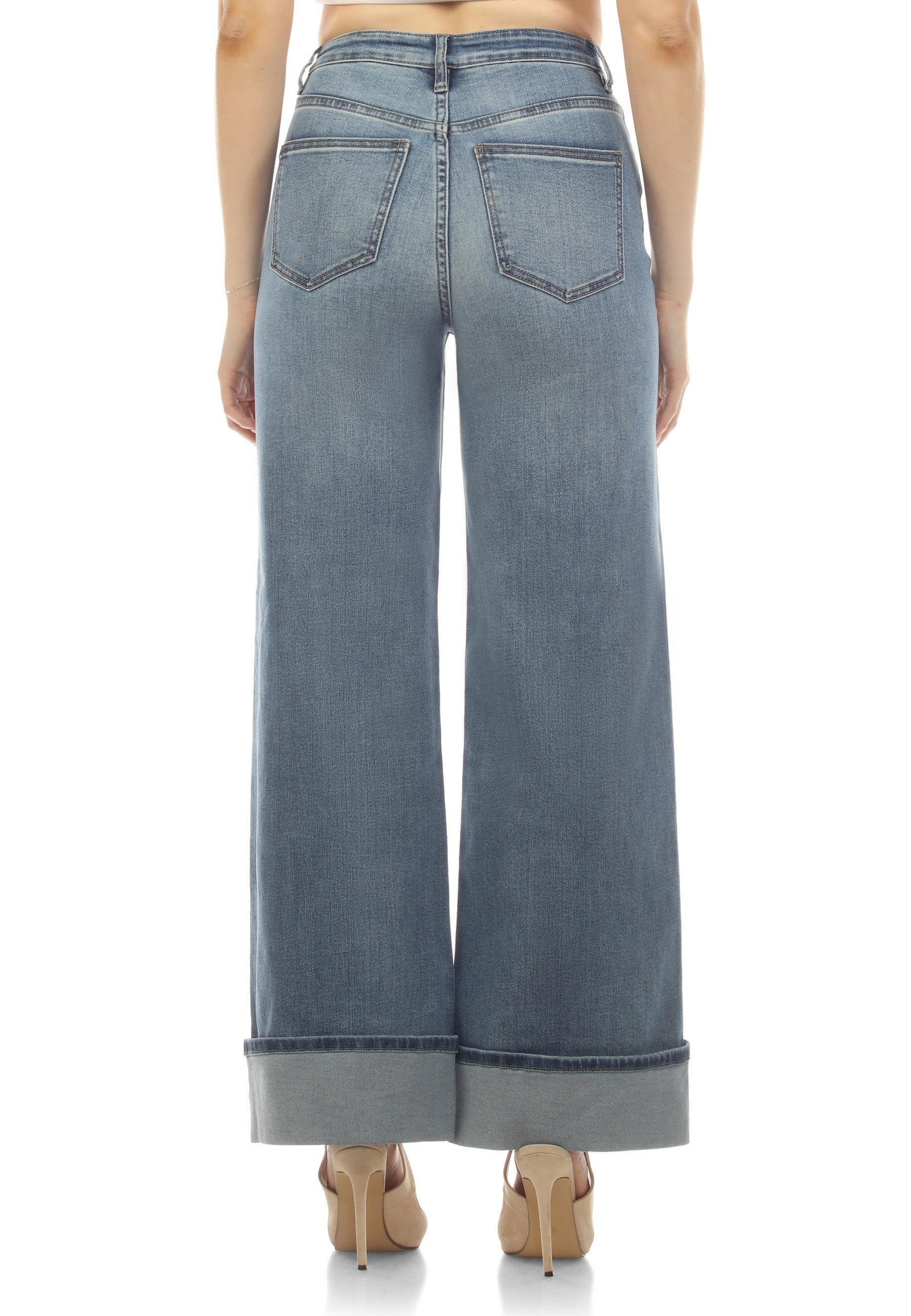 High-waisted, cuffed, wide-leg denim jeans