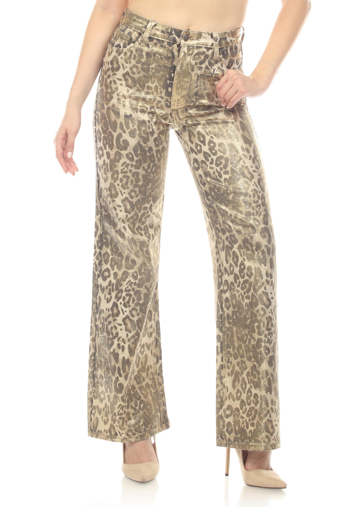 Wide-leg, metallic coated leopard print jeans