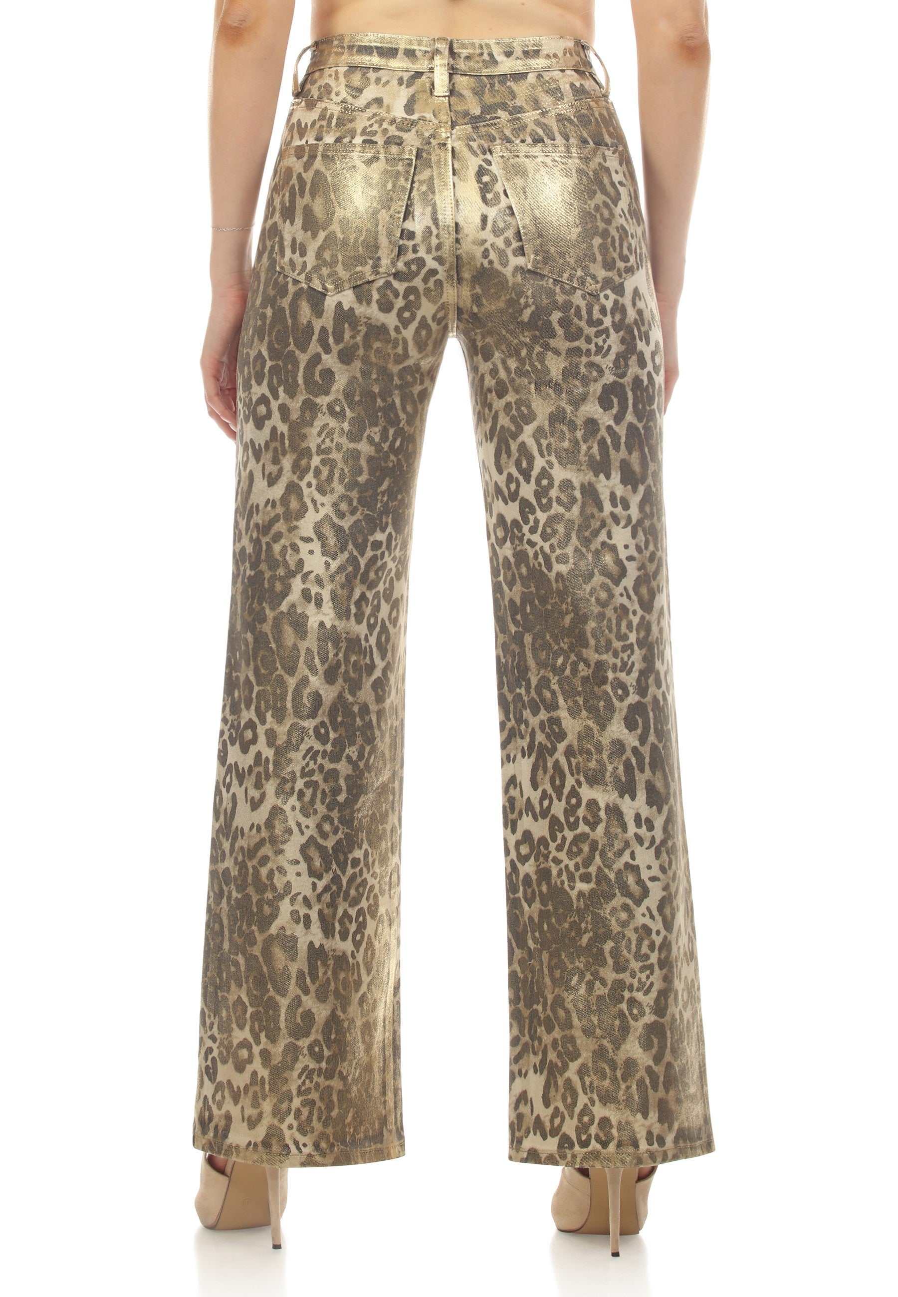 Wide-leg, metallic coated leopard print jeans