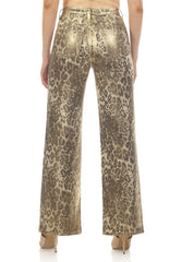 Wide-leg, metallic coated leopard print jeans