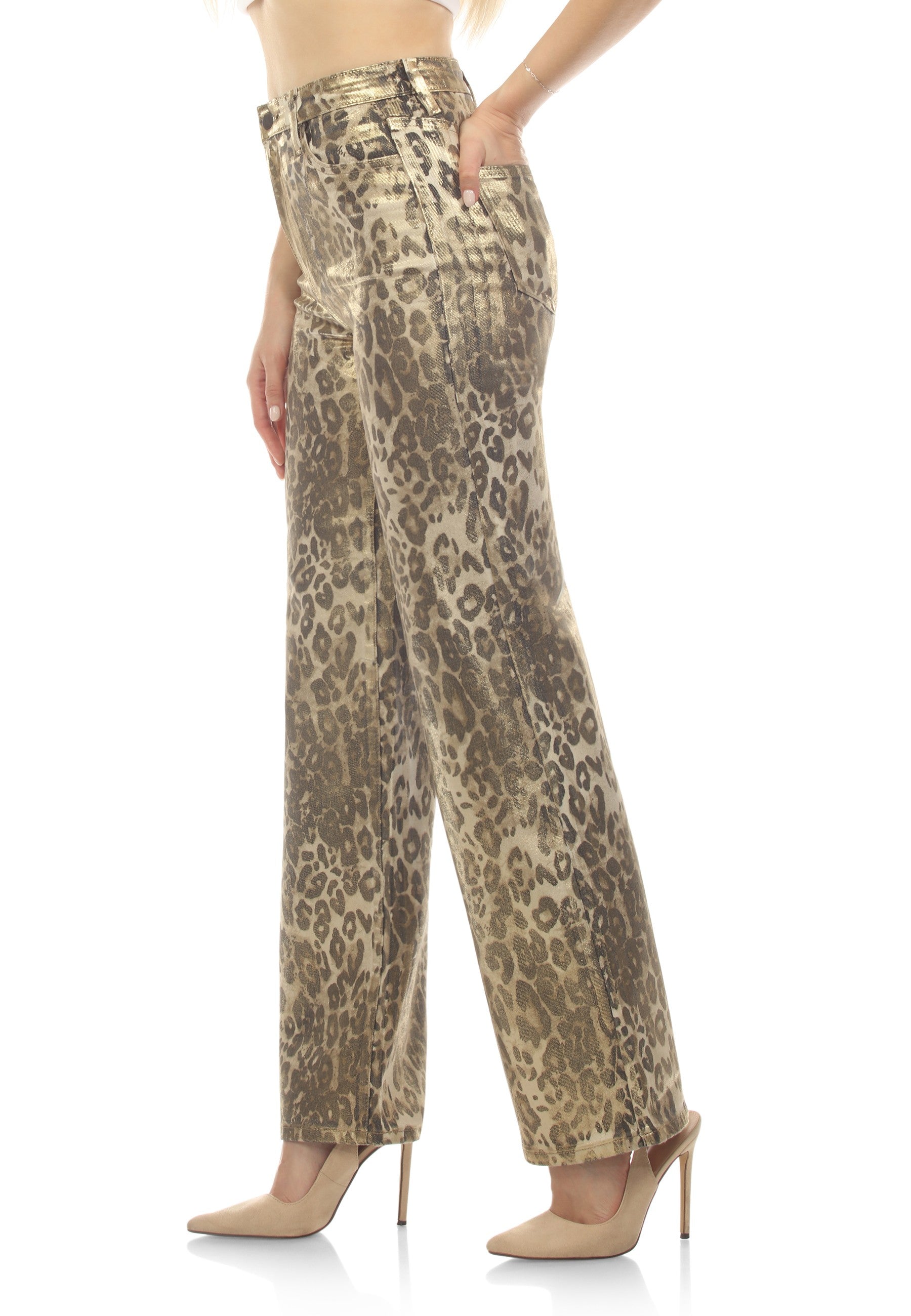Wide-leg, metallic coated leopard print jeans