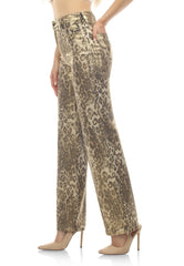 Wide-leg, metallic coated leopard print jeans