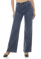 High Rise Rhinestone Wide Leg Denim Jeans Medium Wash