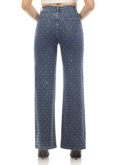 High Rise Rhinestone Wide Leg Denim Jeans Medium Wash