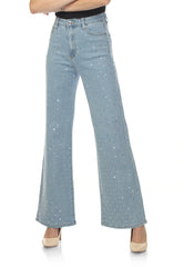 High-waisted, straight-leg jeans with blings