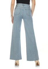 High-waisted, straight-leg jeans with blings