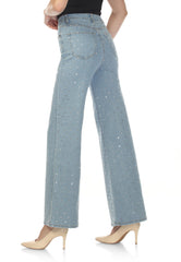 High-waisted, straight-leg jeans with blings