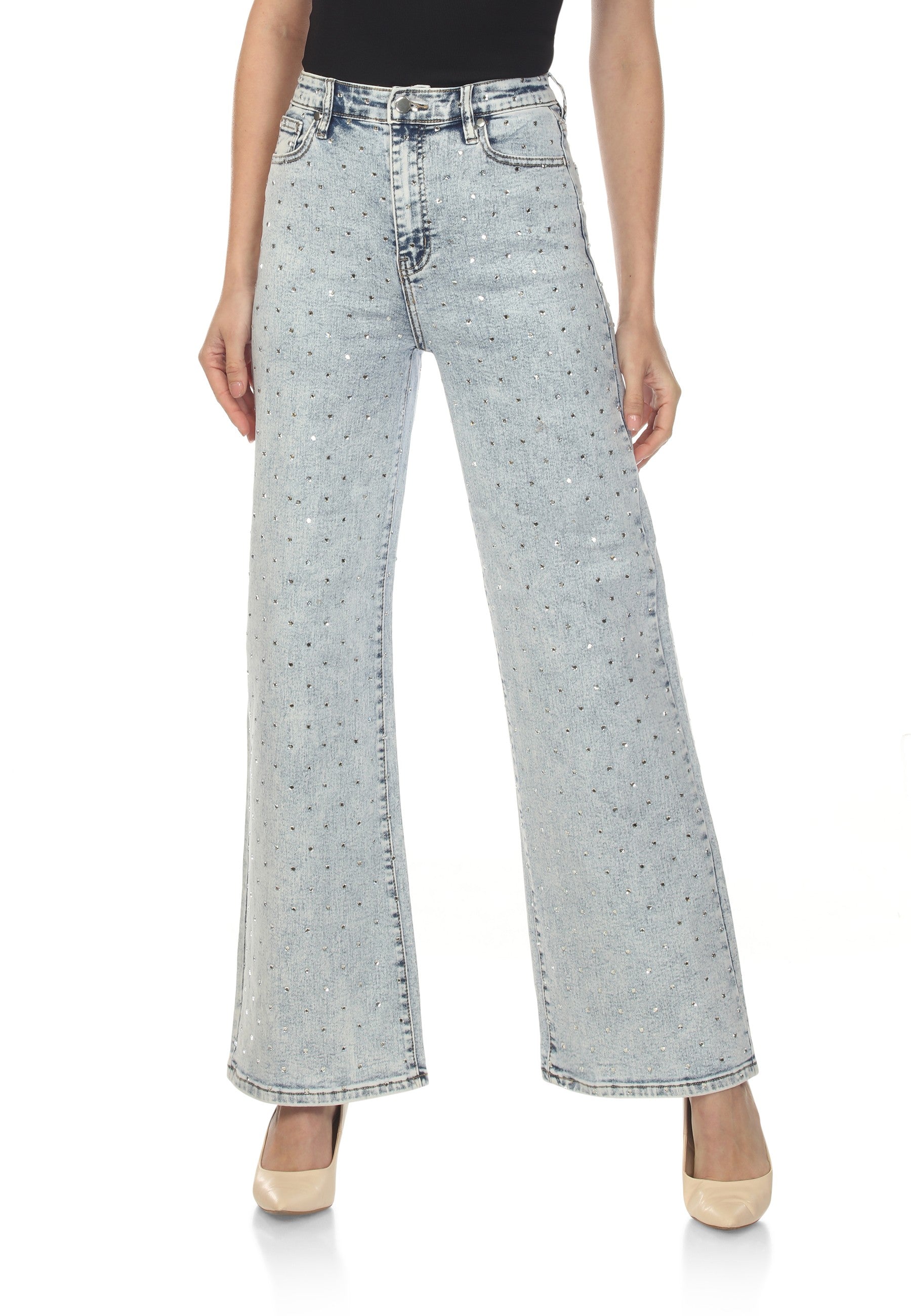 High-waisted, Acid Wash straight-leg with bling's