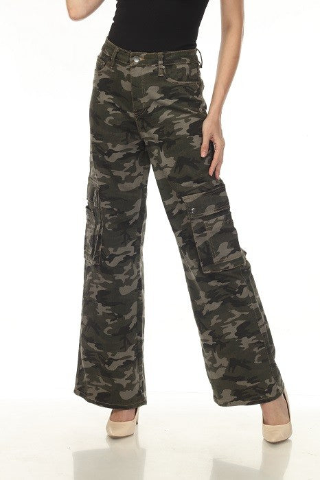 High-waisted, wide-leg Jeans Cargo Camouflage