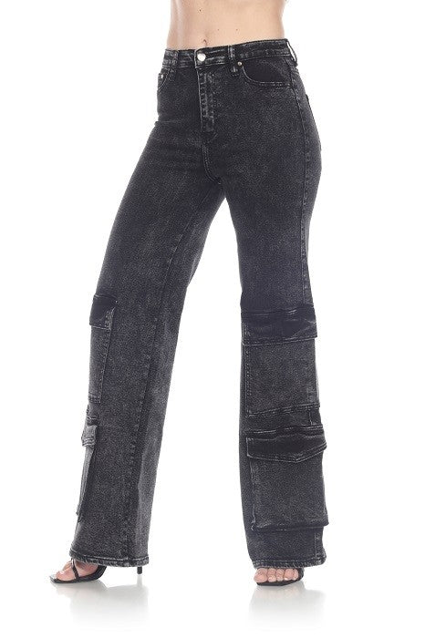 High-Waisted, Black Acid-Wash Cargo Jeans