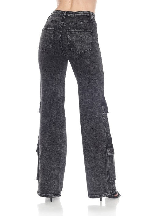High-Waisted, Black Acid-Wash Cargo Jeans