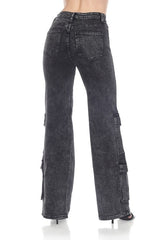 High-Waisted, Black Acid-Wash Cargo Jeans