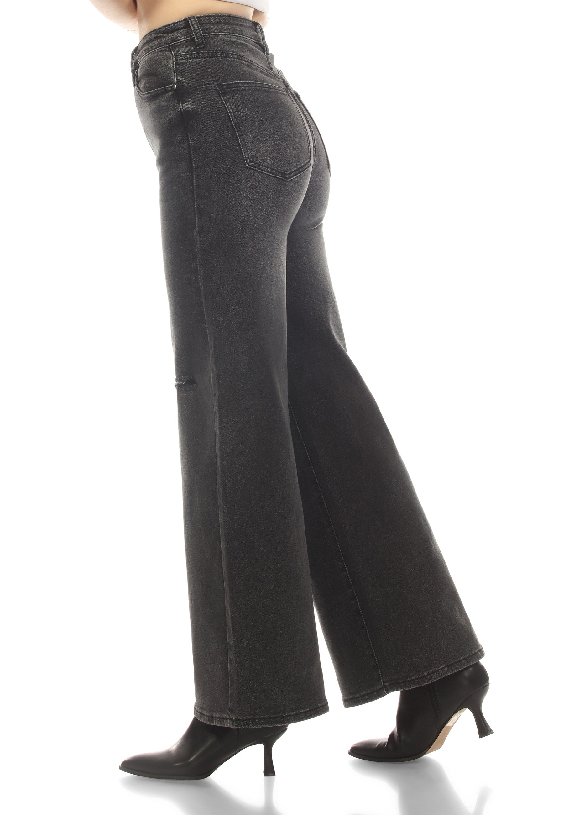 High Rise Vintage Black Wash Wide Leg Stretch Denim Jeans