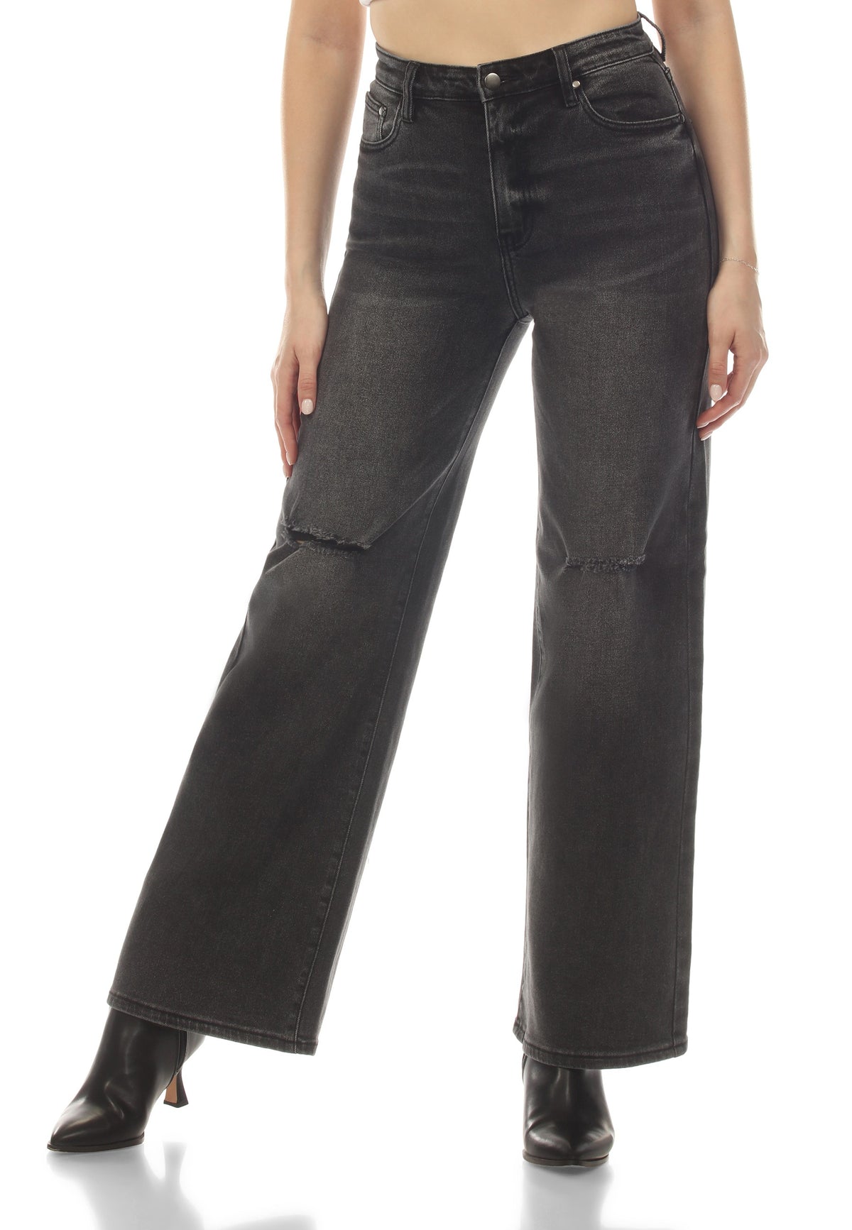 High Rise Vintage Black Wash Wide Leg Stretch Denim Jeans