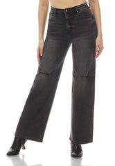 High Rise Vintage Black Wash Wide Leg Stretch Denim Jeans