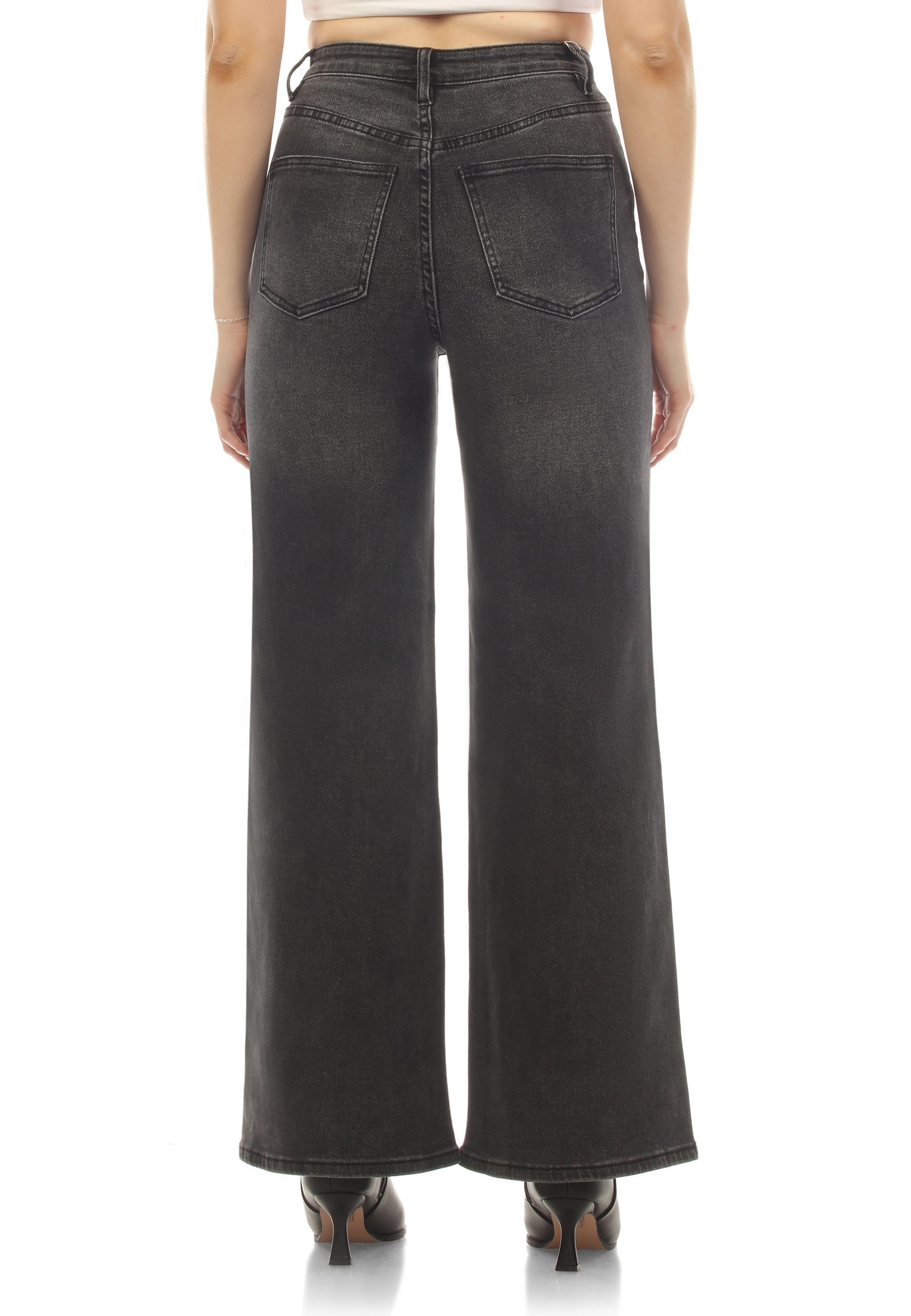 High Rise Vintage Black Wash Wide Leg Stretch Denim Jeans