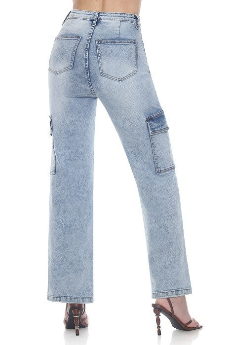 High-Rise Waist, Light-Blue Denim Cargo Jeans