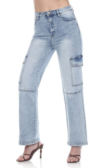 High-Rise Waist, Light-Blue Denim Cargo Jeans