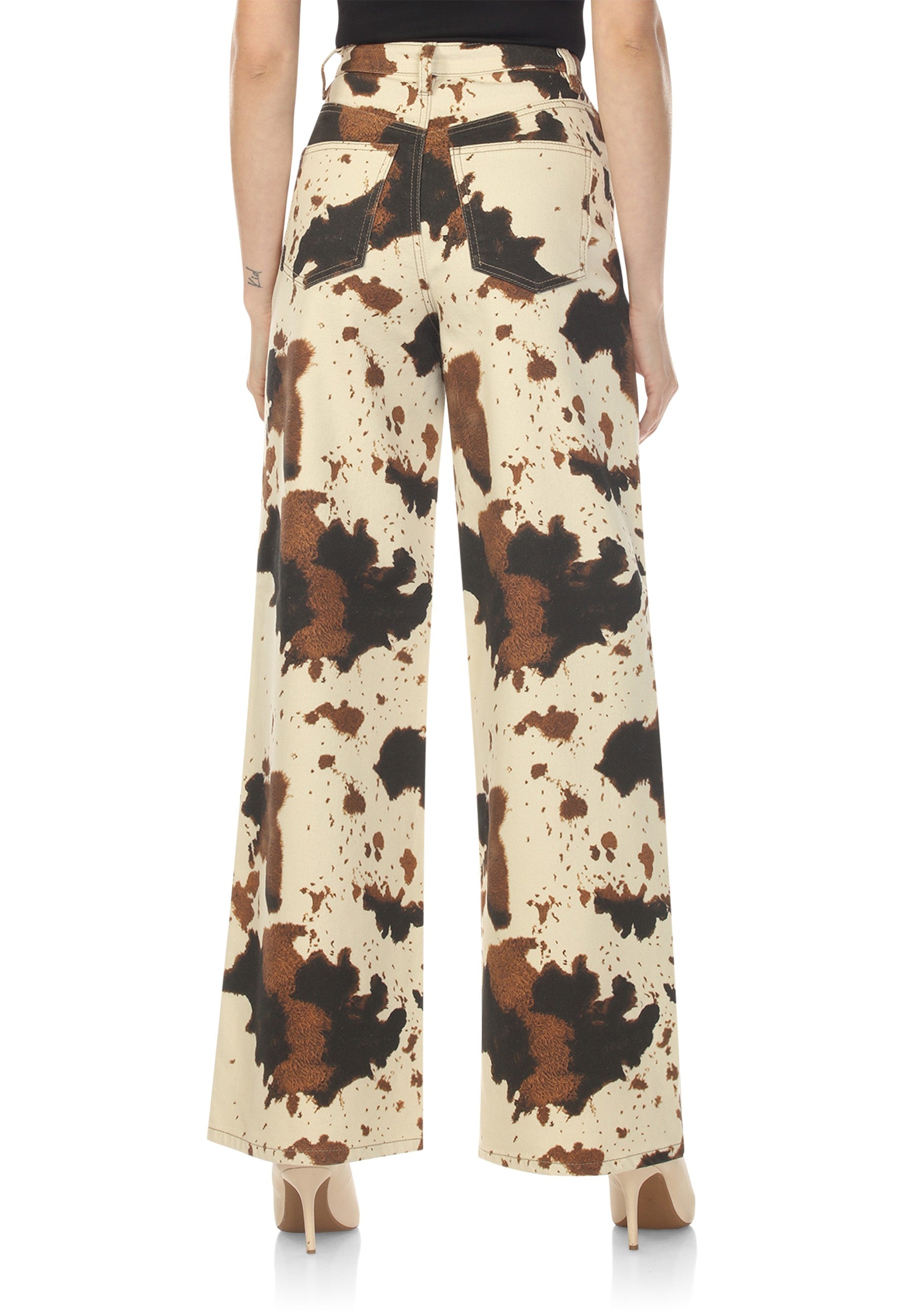 High Waisted,  Cow-Print Denim Wide-Leg Jeans