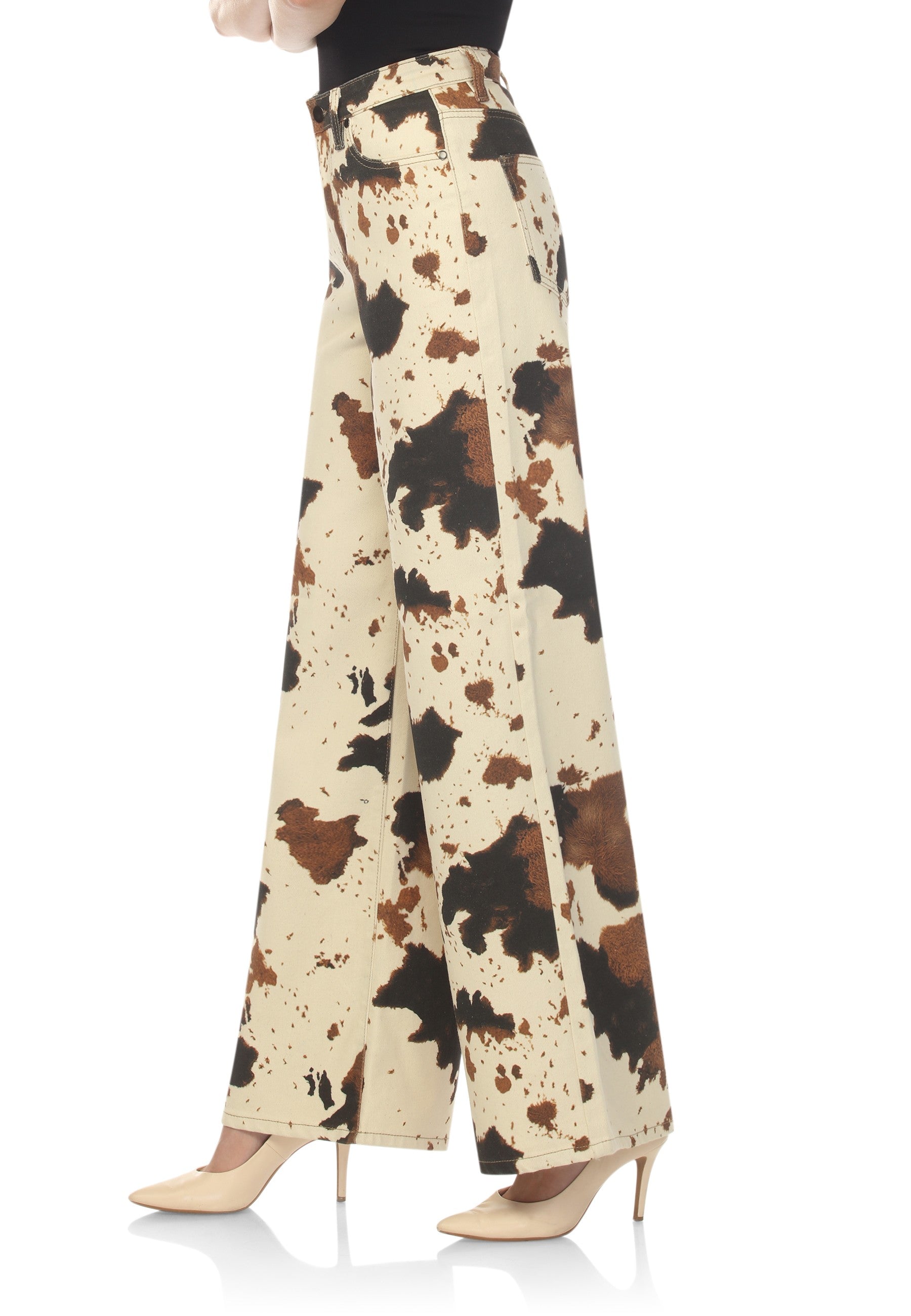 High Waisted,  Cow-Print Denim Wide-Leg Jeans