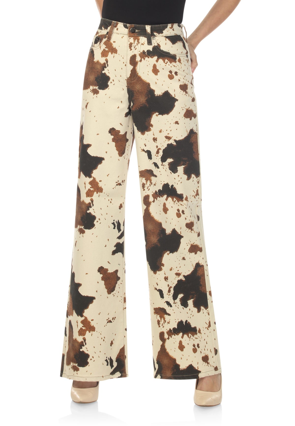High Waisted,  Cow-Print Denim Wide-Leg Jeans