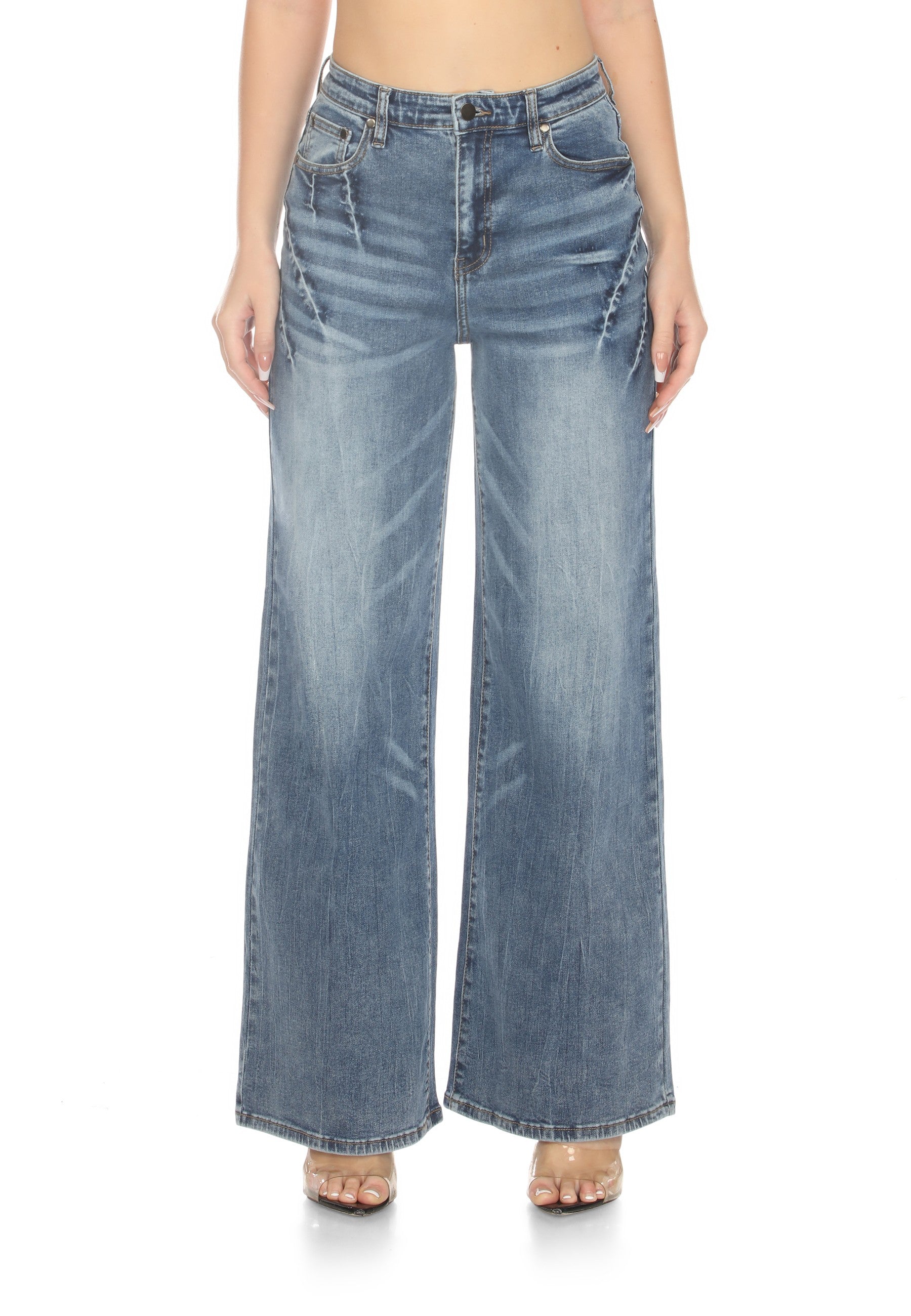 Skyrise Wide-Leg Jeans In a Mid-Blue Wash