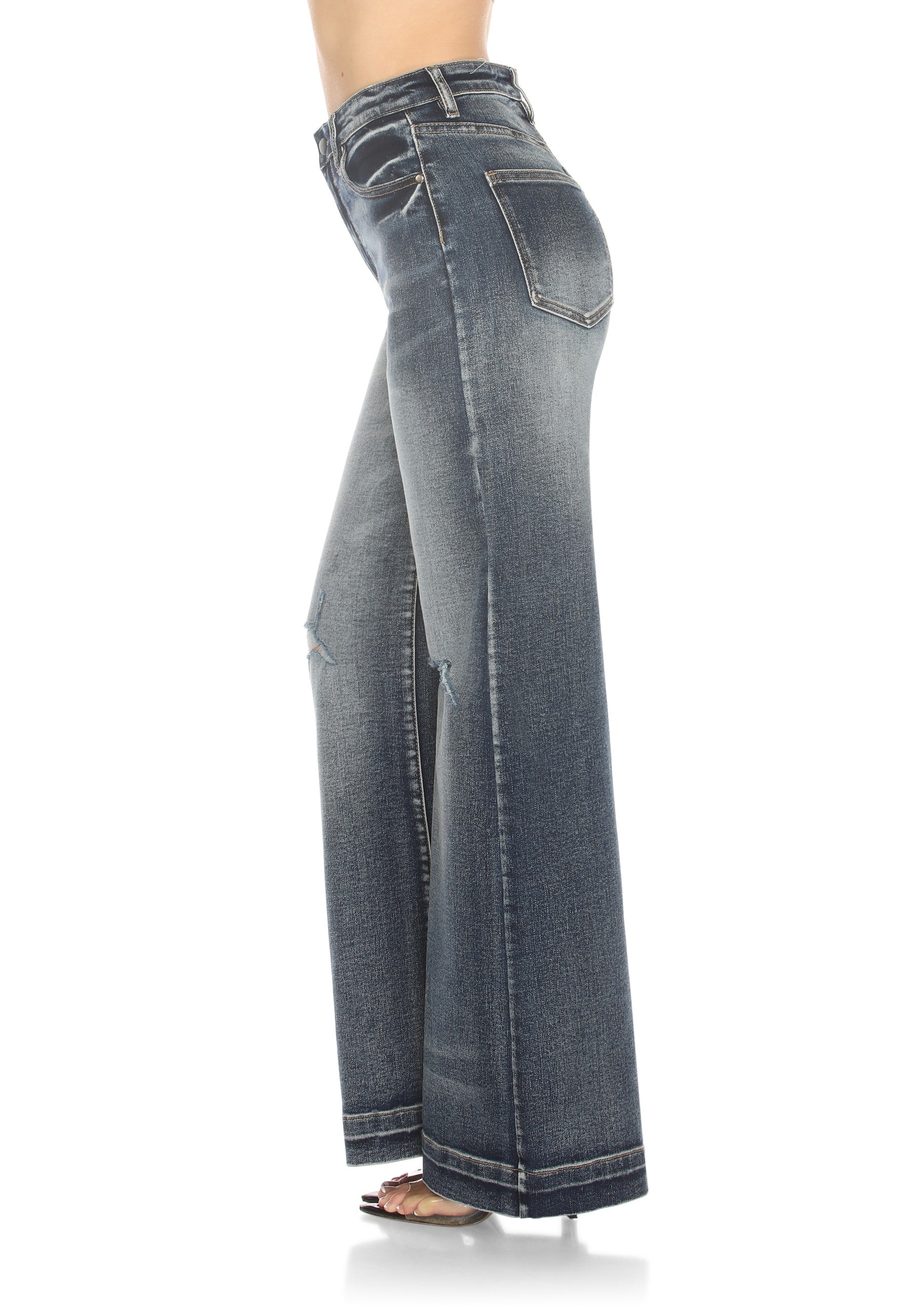 Wide Leg High Rise Jeans Dark Vintage Wash Knee Distressed