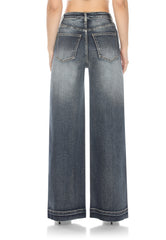 Wide Leg High Rise Jeans Dark Vintage Wash Knee Distressed