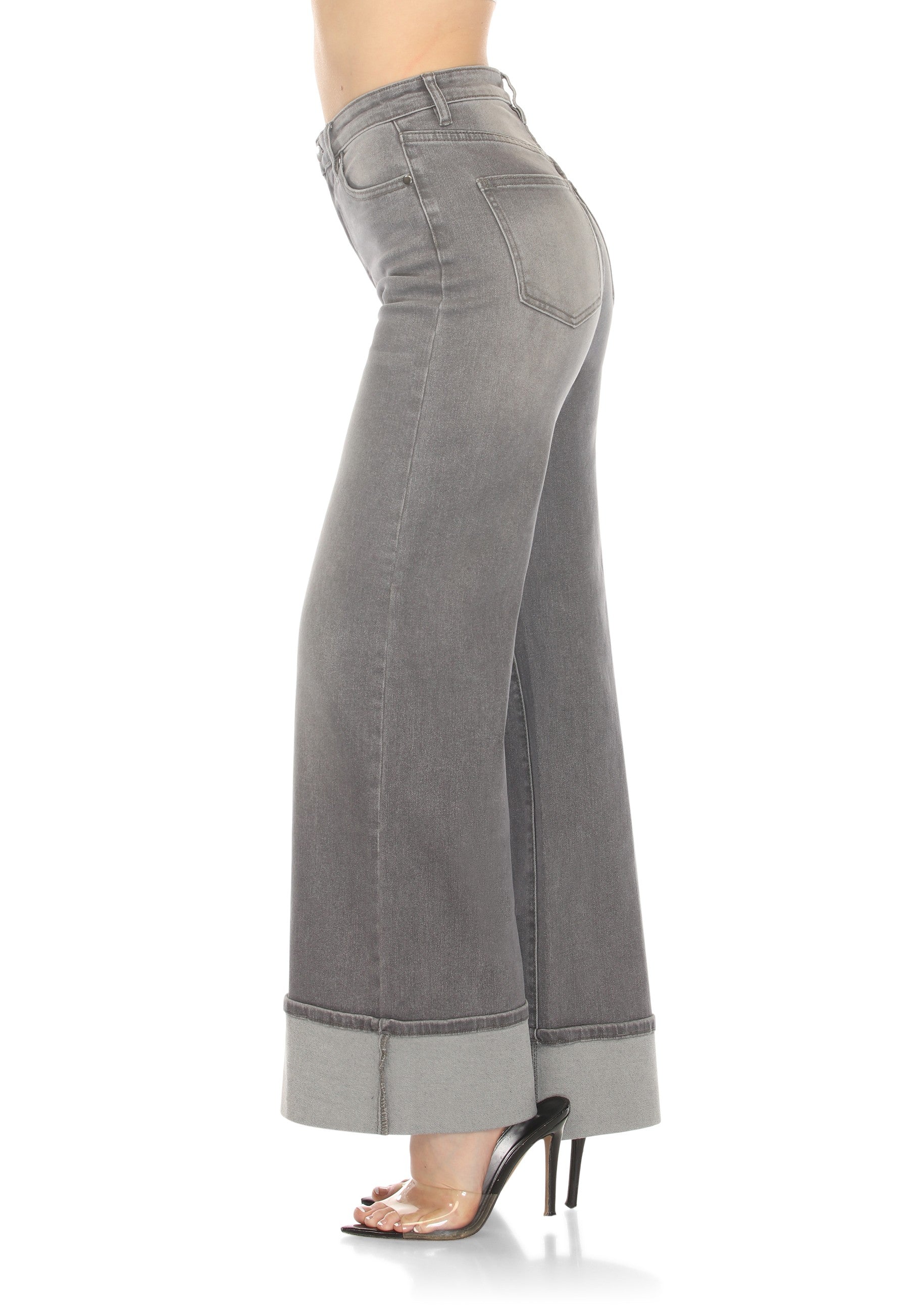High Rise Wide Leg Jeans Grey Wash Cuffed Hem