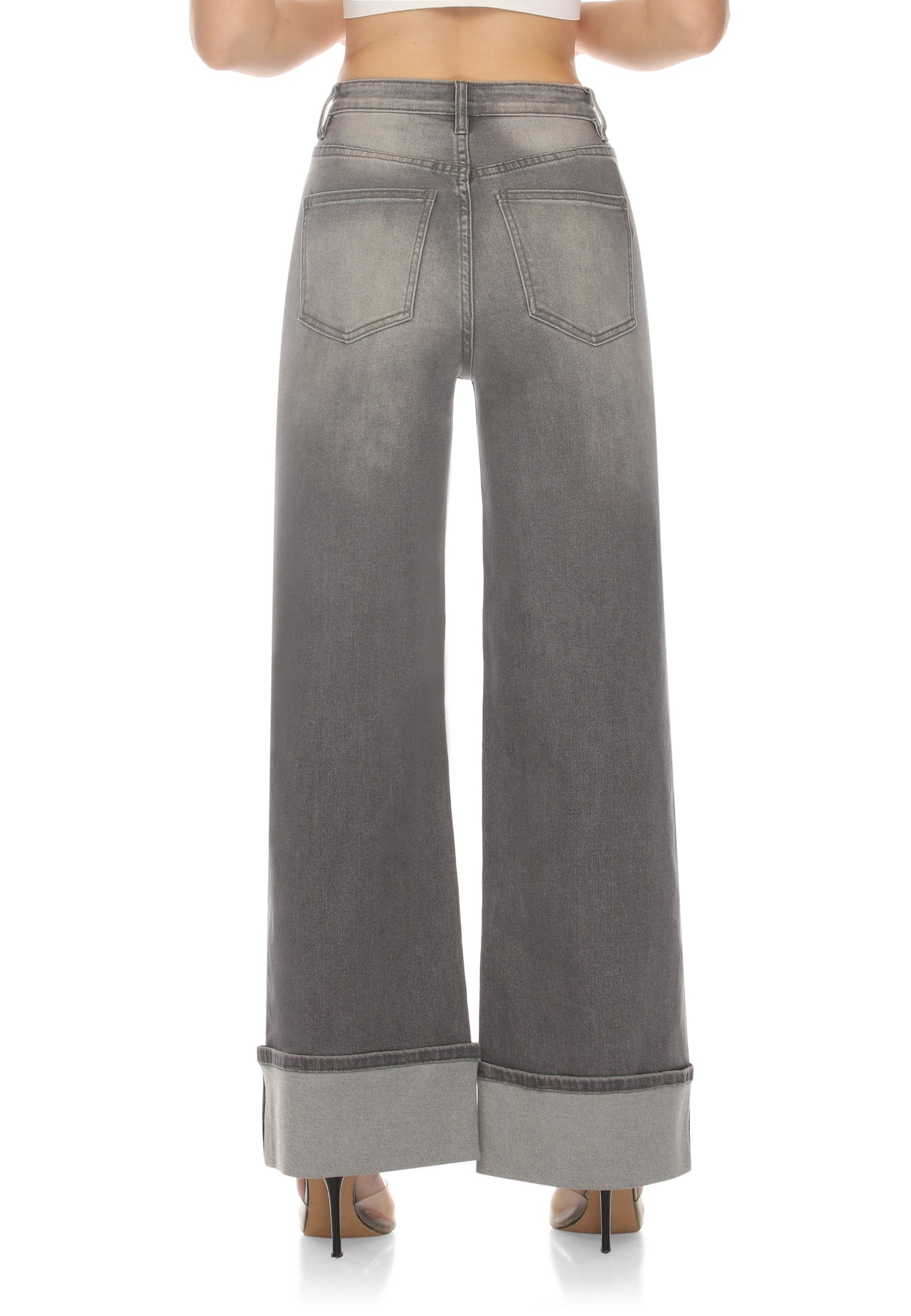 High Rise Wide Leg Jeans Grey Wash Cuffed Hem