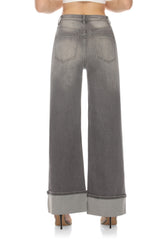 High Rise Wide Leg Jeans Grey Wash Cuffed Hem