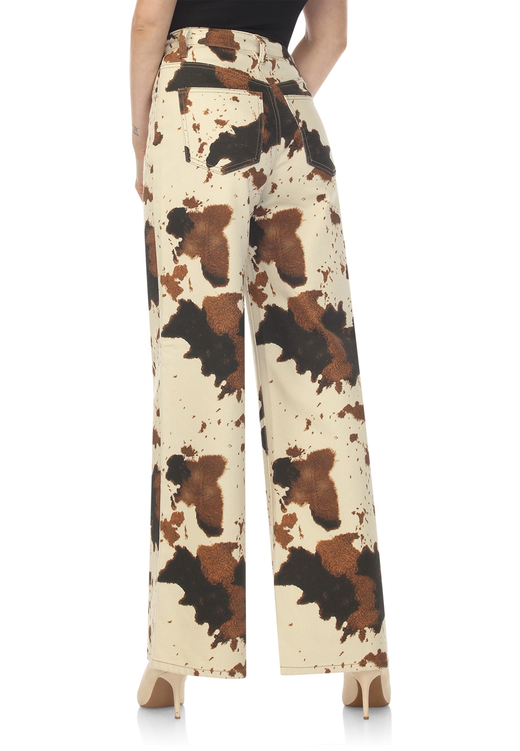 High Waisted,  Cow-Print Denim Wide-Leg Jeans