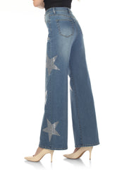 High Rise Star Rhinestone Wide Leg Denim Jeans