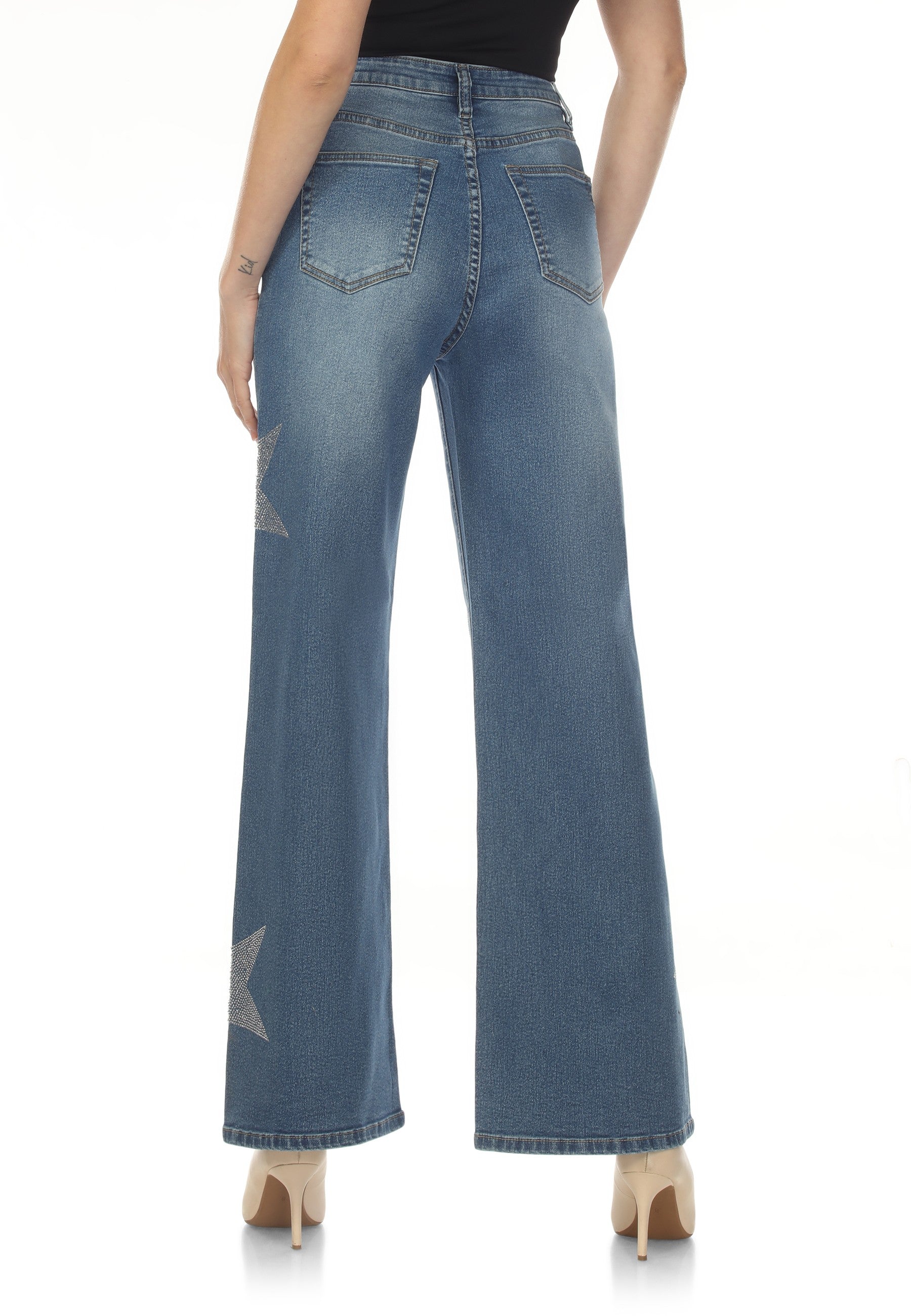 High Rise Star Rhinestone Wide Leg Denim Jeans