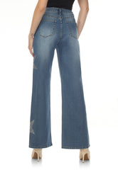 High Rise Star Rhinestone Wide Leg Denim Jeans