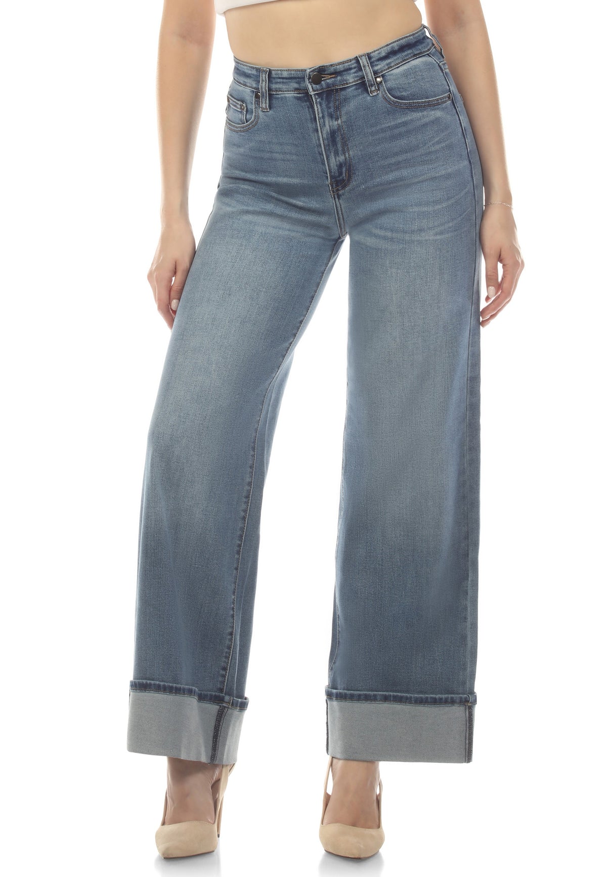 High-waisted, cuffed, wide-leg denim jeans