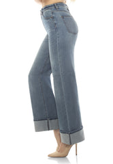 High-waisted, cuffed, wide-leg denim jeans