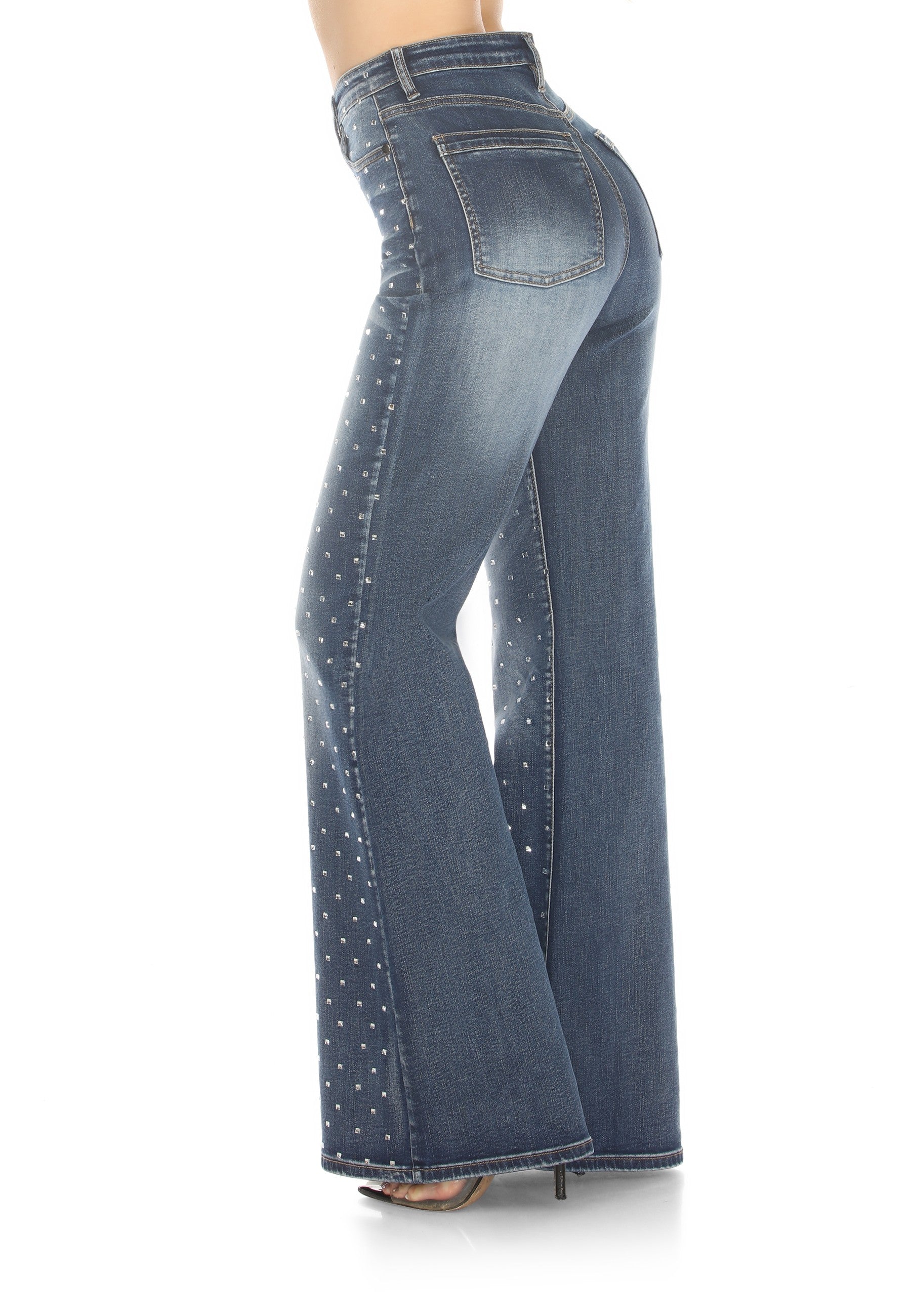 High-Waisted, Wide-Leg Jeans, studs or rhinestones