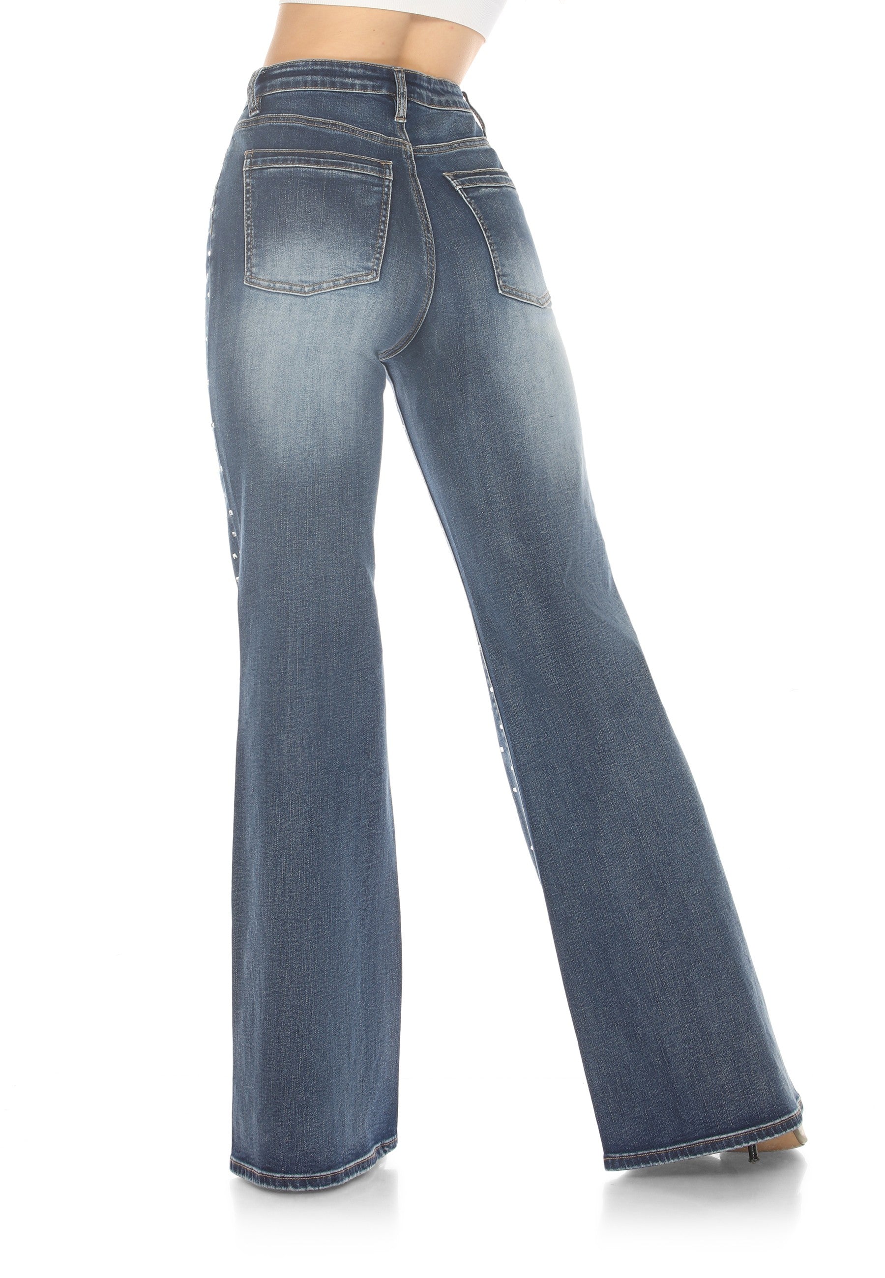 High-Waisted, Wide-Leg Jeans, studs or rhinestones