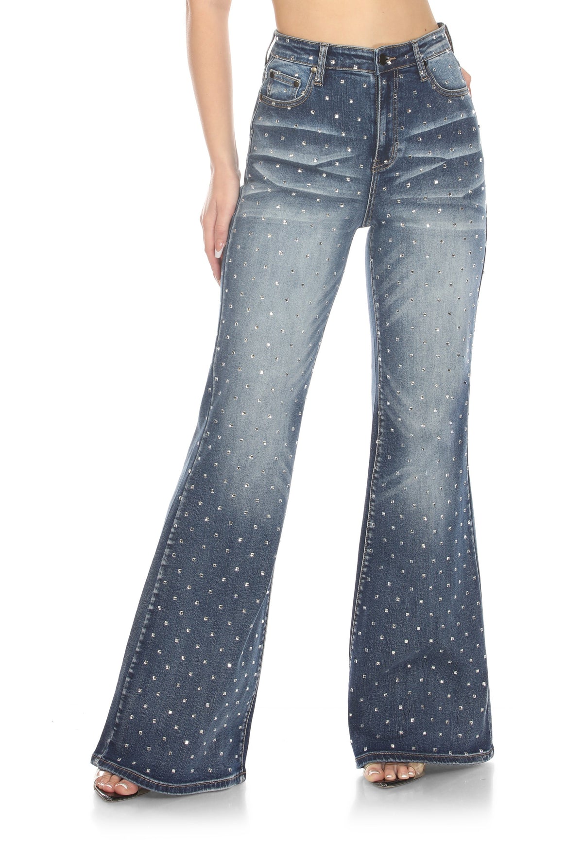 High-Waisted, Wide-Leg Jeans, studs or rhinestones