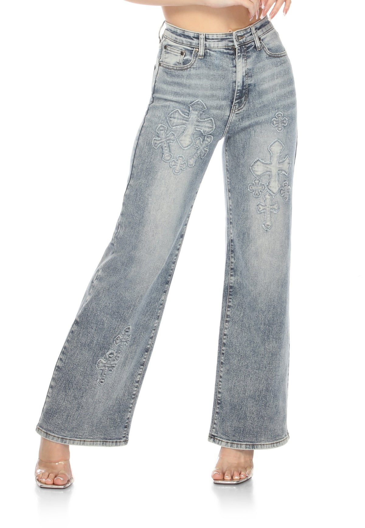 High-Waisted, Wide Leg, cross-embroidered