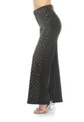 High Rise Rhinestone Wide Leg Denim Jeans Black