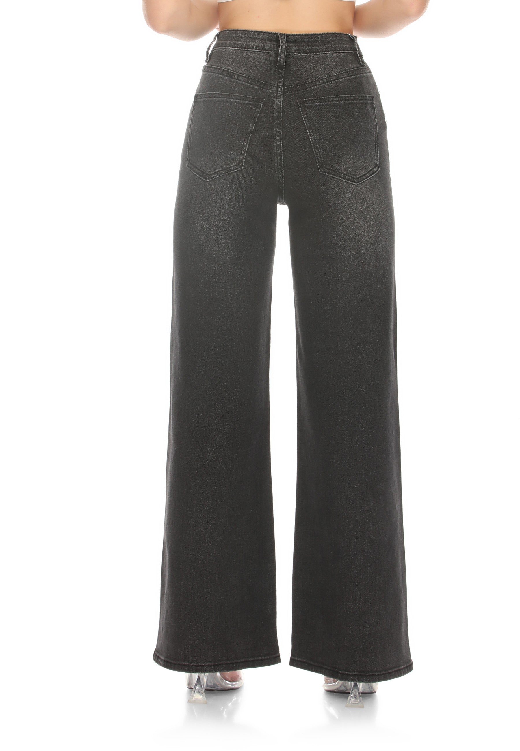 High Rise Rhinestone Wide Leg Denim Jeans Black