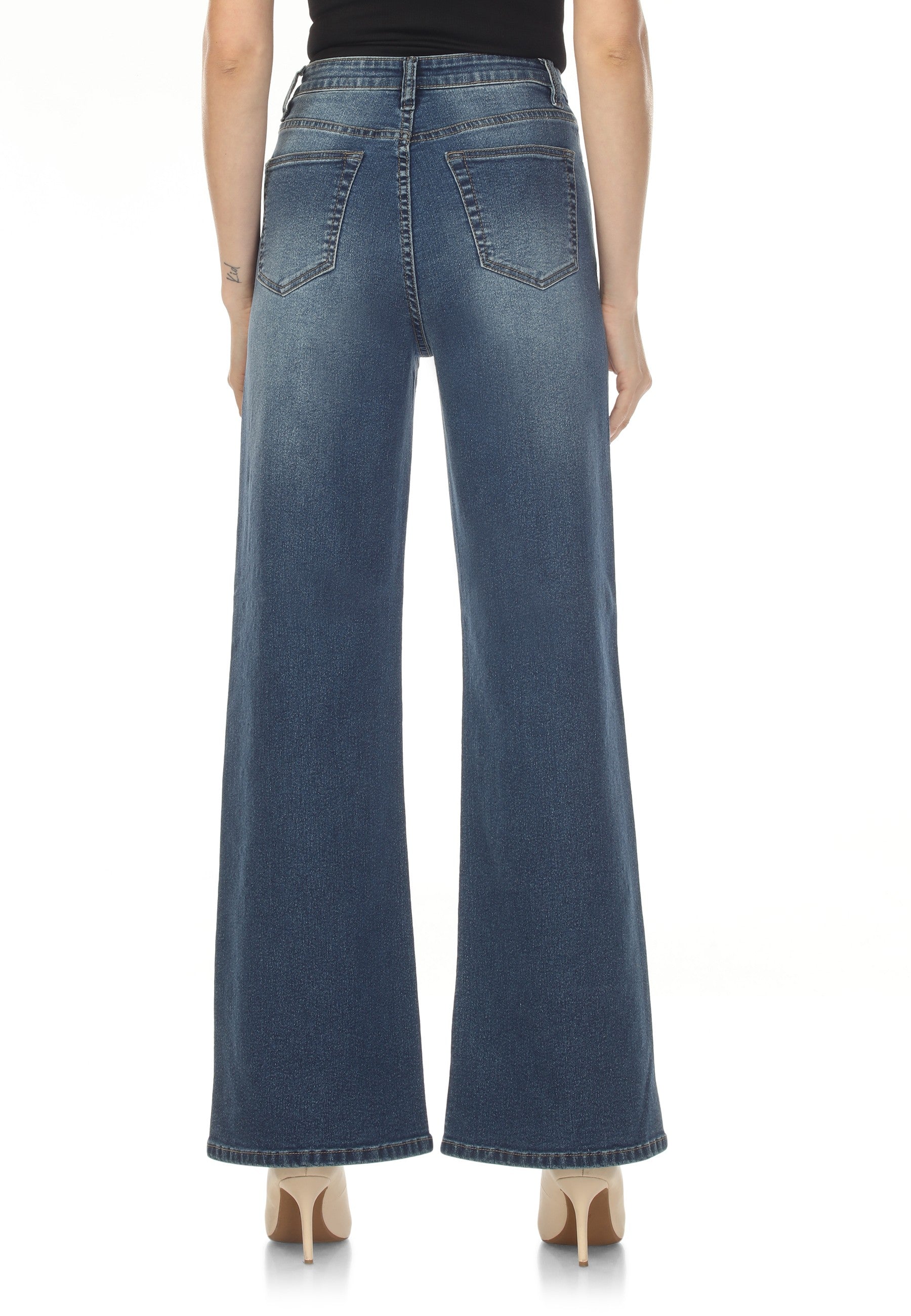 High Rise Rhinestone Wide Leg Jeans - Vintage Wash