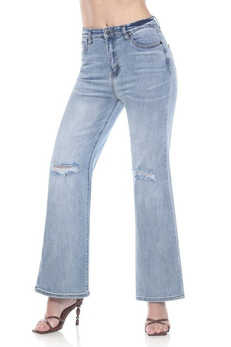 High Rise Crop Flare Jeans w/ Knee Distress Light Wash